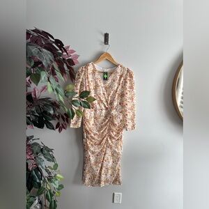 Express Cream Floral Long Sleeve Ruched Dress